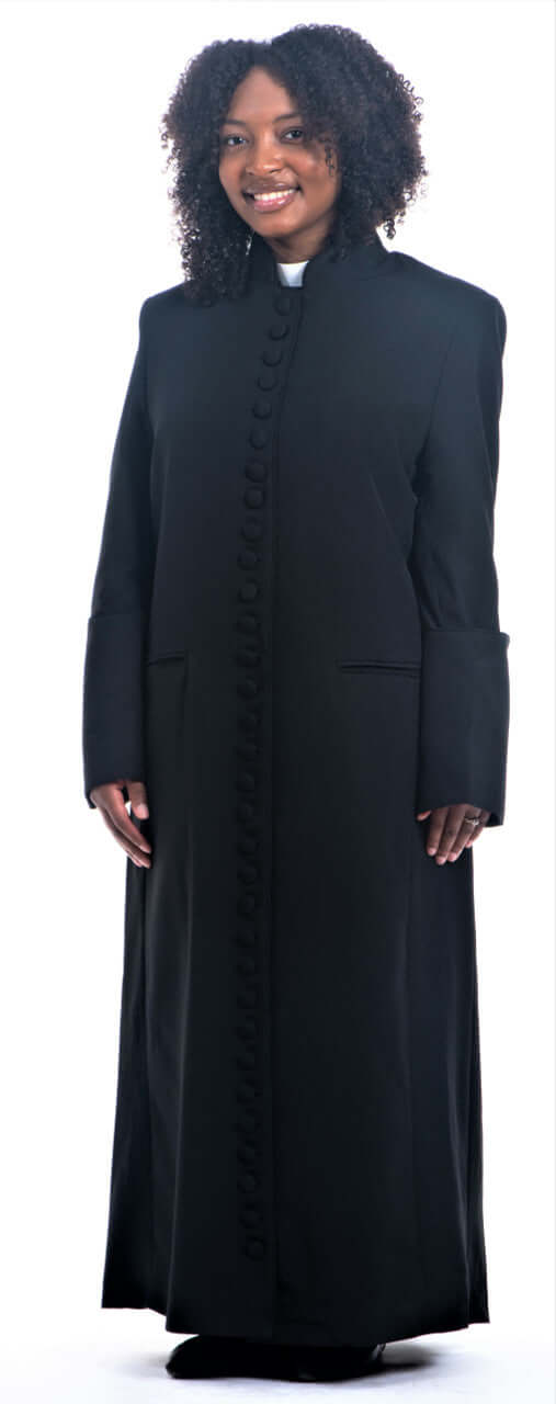 women's clergy dress black with black designer buttons Black Clergy Dress with Purple Designer Buttons