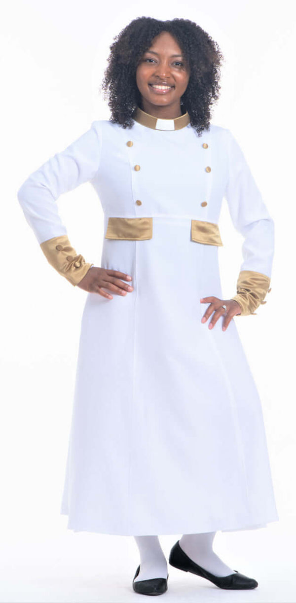 Modern Evangelist Clergy Dress In White & Gold Final Sale
