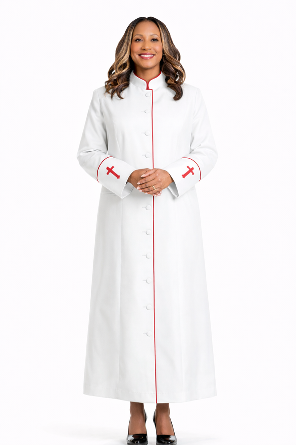 Ladies Preacher Clergy Robe In White & Red Ladies Preacher Clergy Robe In White & Red
