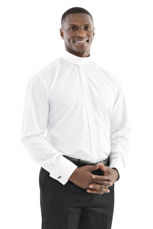Banded Collar French Cuff Clergy Shirt in White