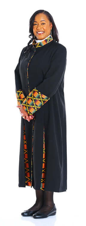 Modern Heritage Clergy Dress in Black Kente | Divinity Clergy Wear