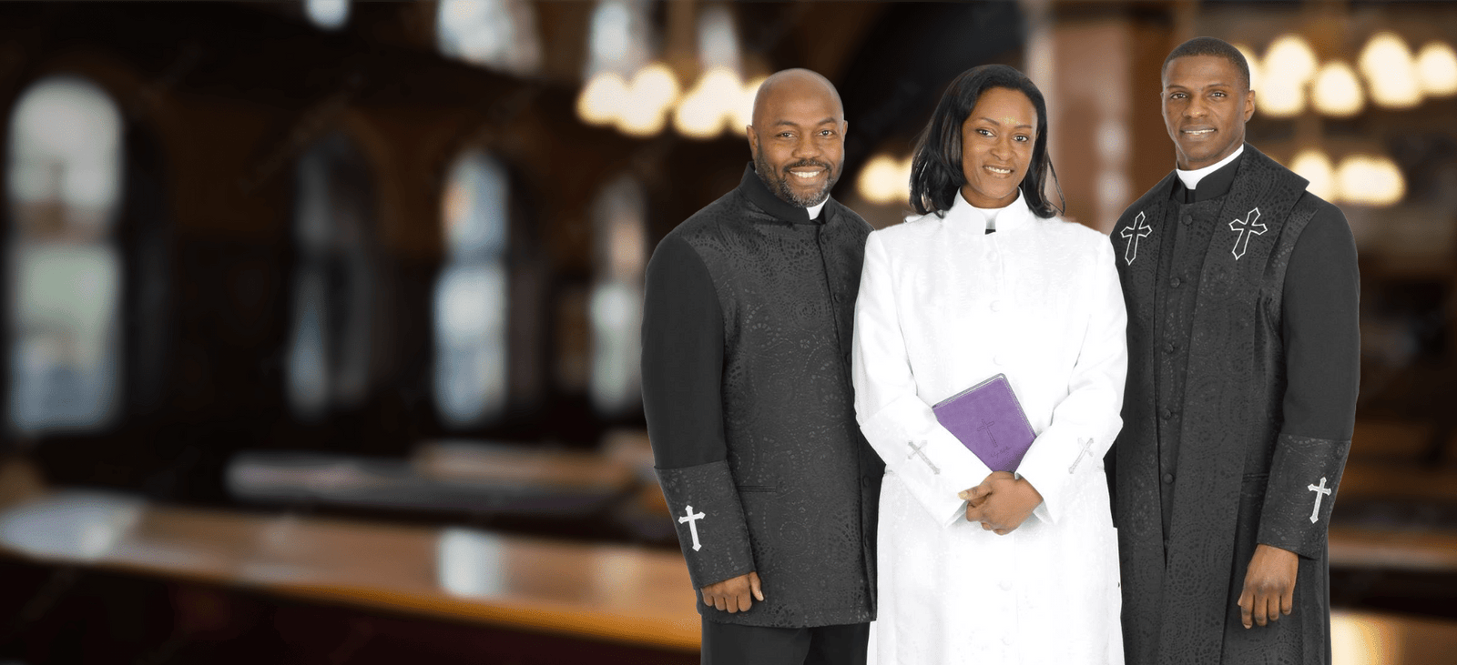 Three clergy members in religious attire pose together in a church setting, showcasing unity and faith.