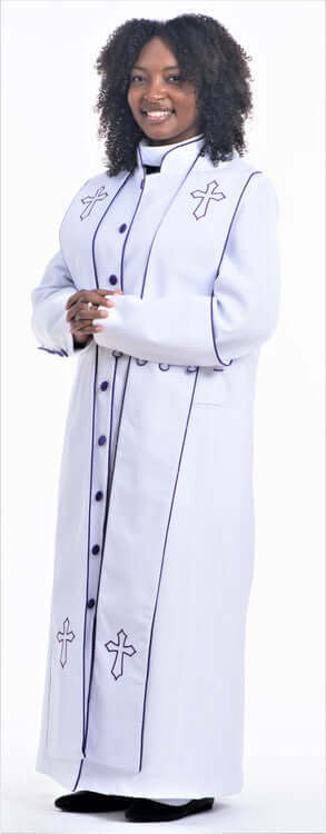 Ladies Rachel Clergy Robe & Stole Set White & Purple displayed on a model, highlighting its elegant design and features.