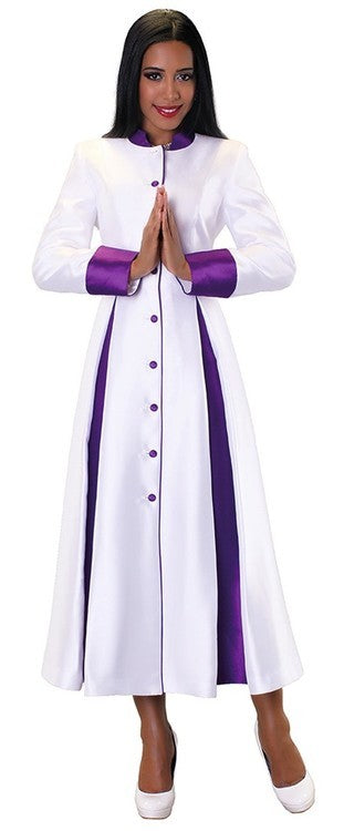 Elegant Women's Clergy Dresses in white and purple, designed for women in ministry, showcasing sophistication and style.