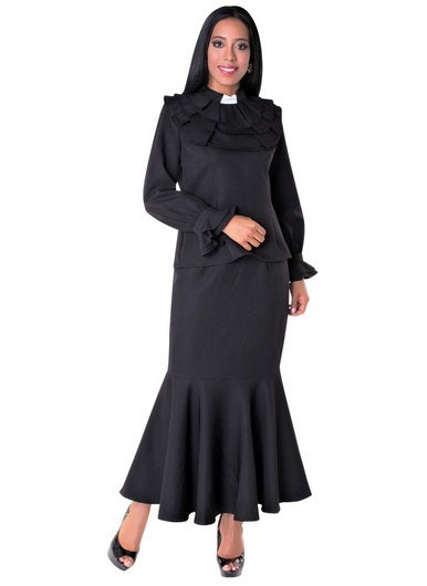 Elegant black 2-Piece Clergy Suits for Women featuring a ruffled top and flared skirt.