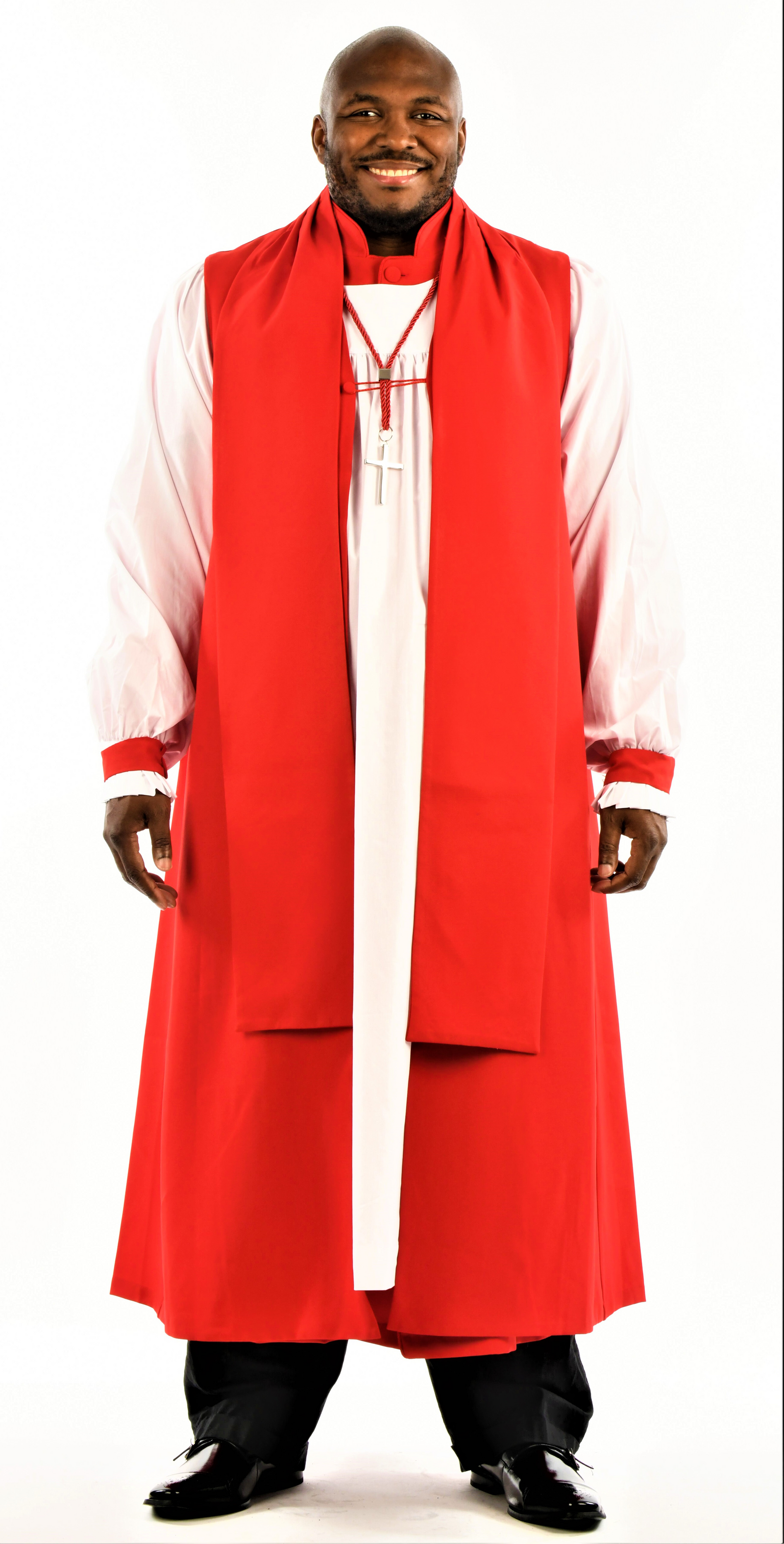 Men's Apostle Attire & Garments featuring a man in traditional red vestments for clergy services.