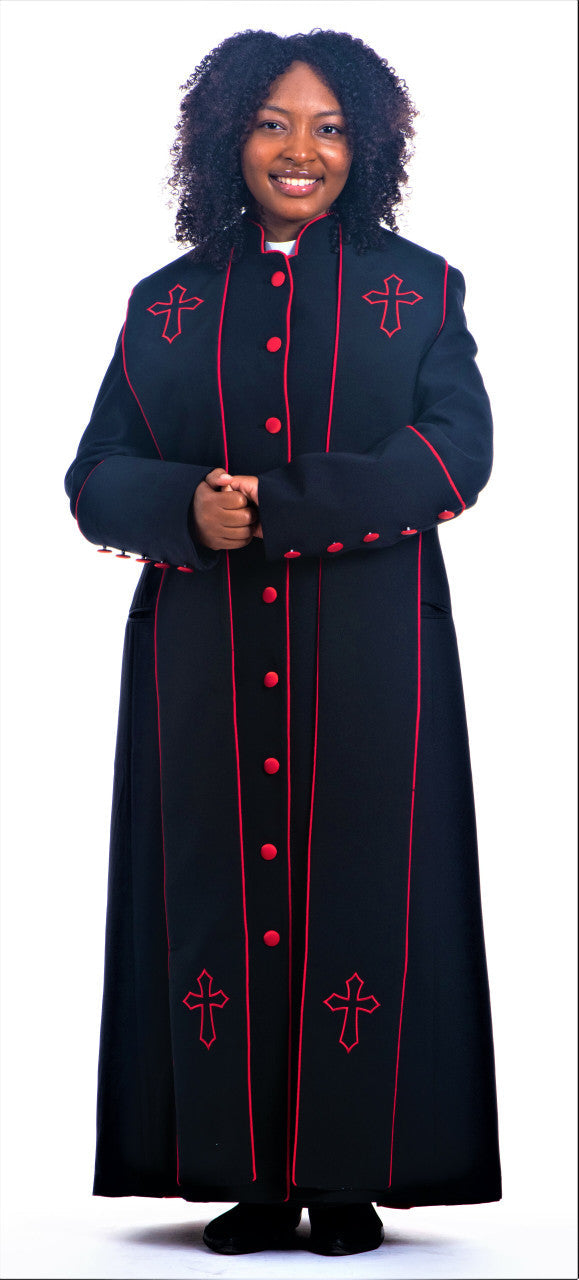 A woman wearing a stylish Women's Cassocks featuring red accents and cross designs.
