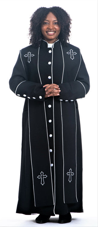Woman wearing a black robe with cross symbols, part of Women's Robes and Clergy Stoles collection.