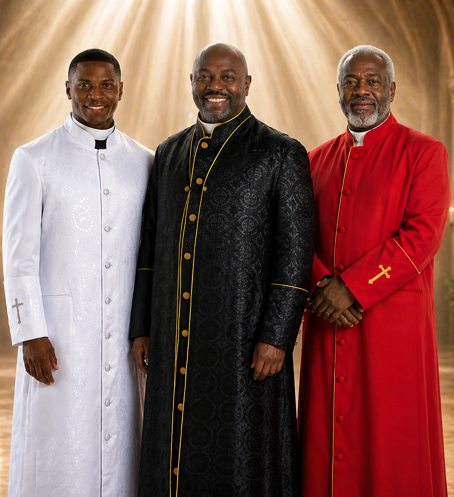 Men's Clergy Robes & Robe Sets - A man wearing a stylish black clergy robe with red accents, showcasing traditional church attire.