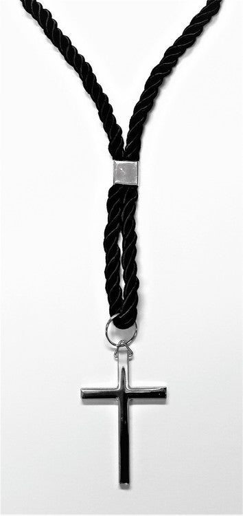 Clergy Cords featuring a black twisted cord necklace with a silver cross pendant.
