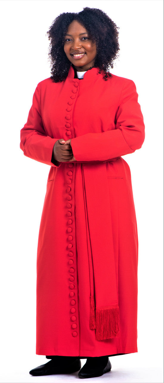 Elegant woman wearing red Women's Apostle Attire, a stylish apostle vestment perfect for liturgical occasions.