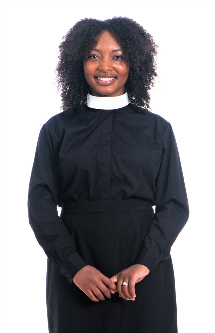 Woman wearing Women's Banded Collar Clergy Shirts, showcasing stylish and professional religious attire.