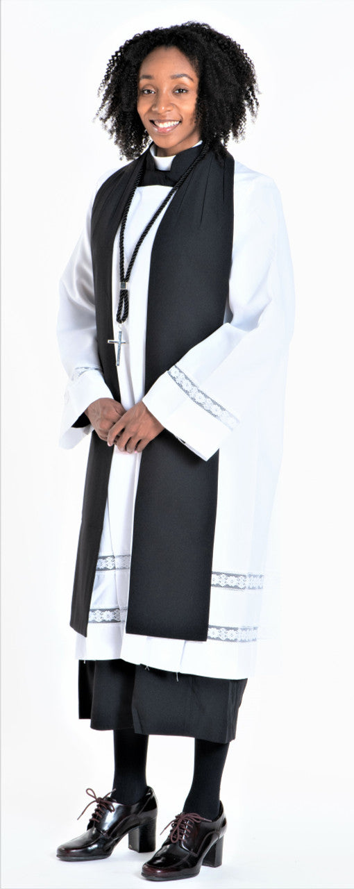 Woman modeling Women's Class A Vestments, showcasing a black stole and elegant attire suitable for religious services.