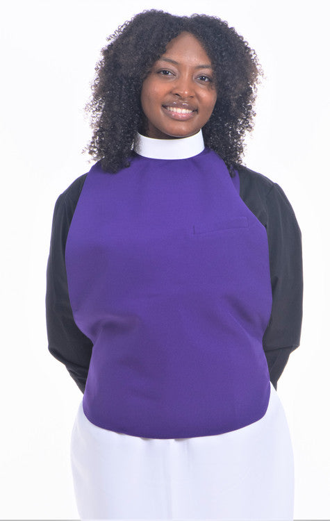 A woman wearing a purple Women's Clergy Rabats standing confidently, showcasing elegance and faith.