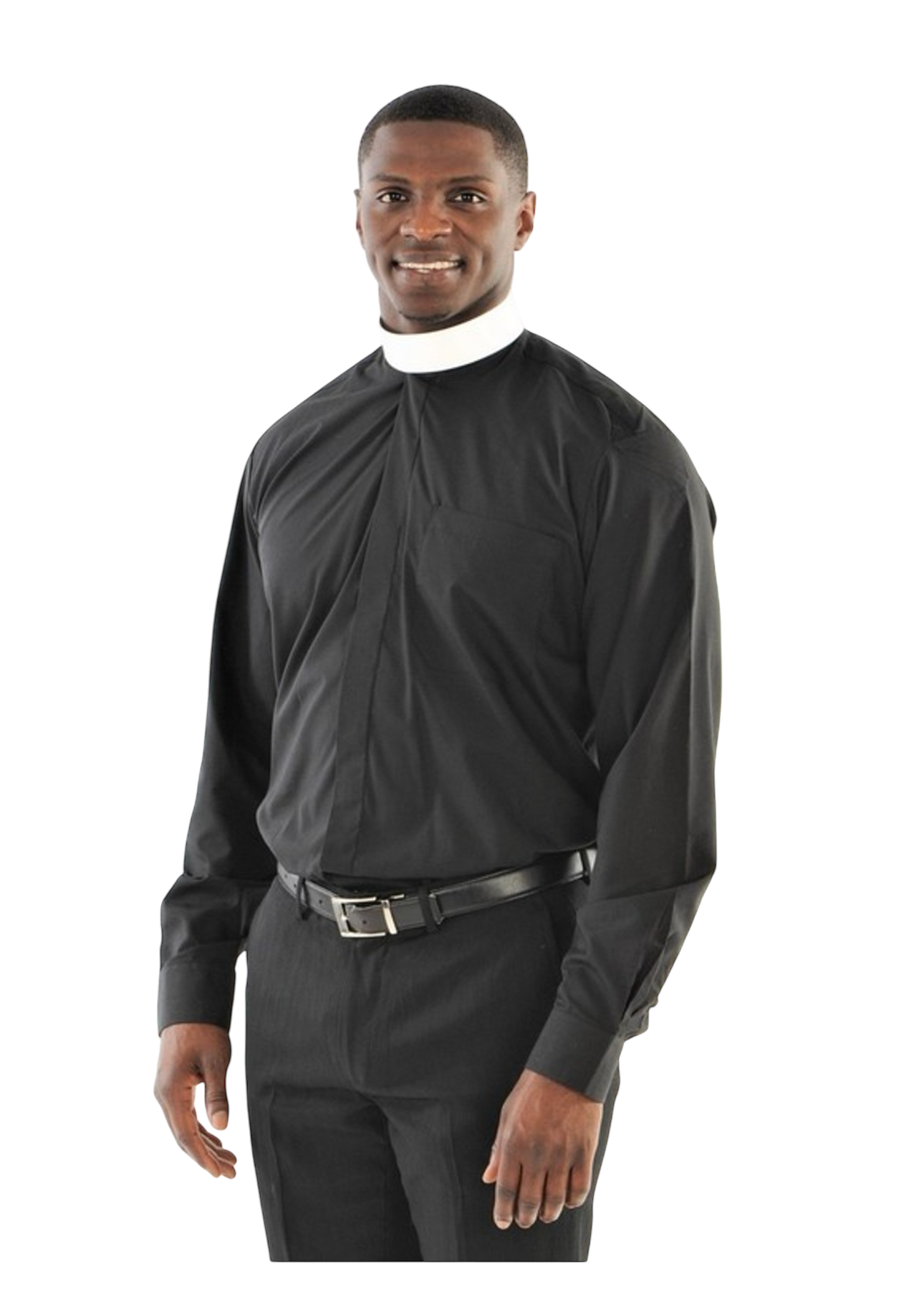 Man wearing a black Men's Clergy Shirt with a white collar, perfect for formal and ministry occasions.