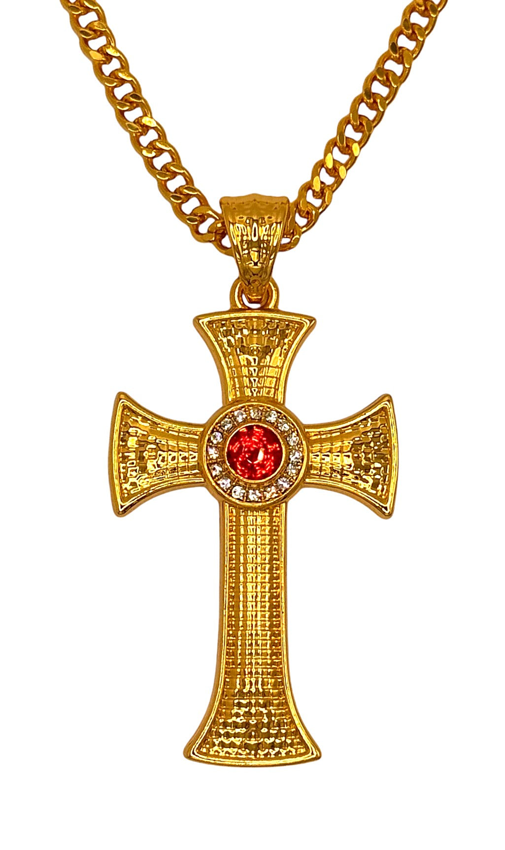 Pectoral Cross and Chain Set featuring a gold cross with colorful gemstones and intricate design.