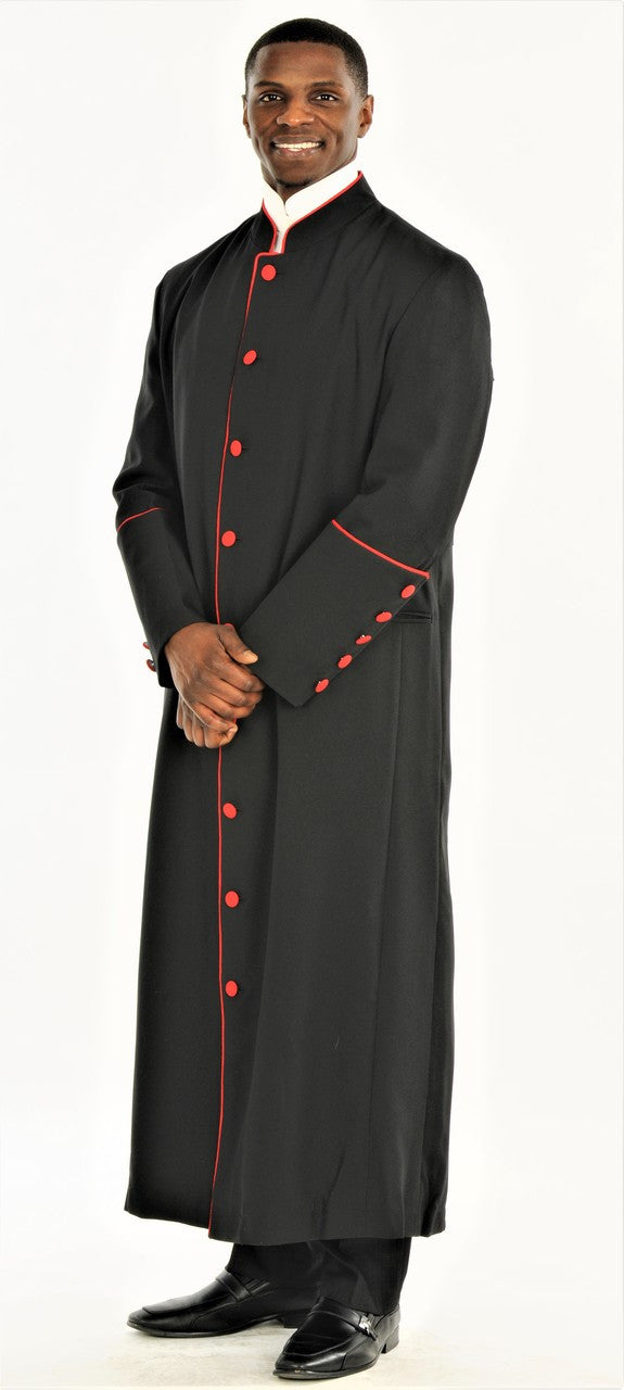 Men's Cassocks: Black clergy cassock with red accents, tailored for style and comfort, ideal for clergy attire.