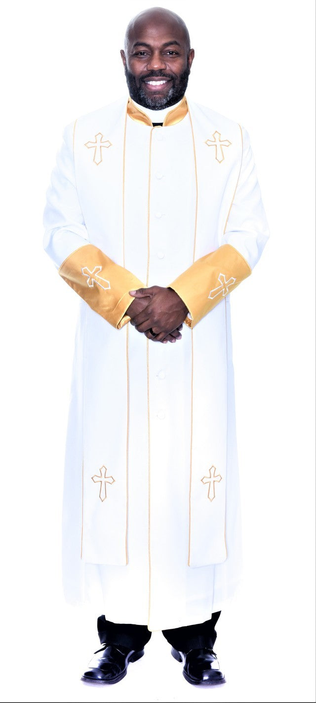 Men's Robes and Clergy Stoles: Elegant white robe with gold accents worn by a smiling clergy member.