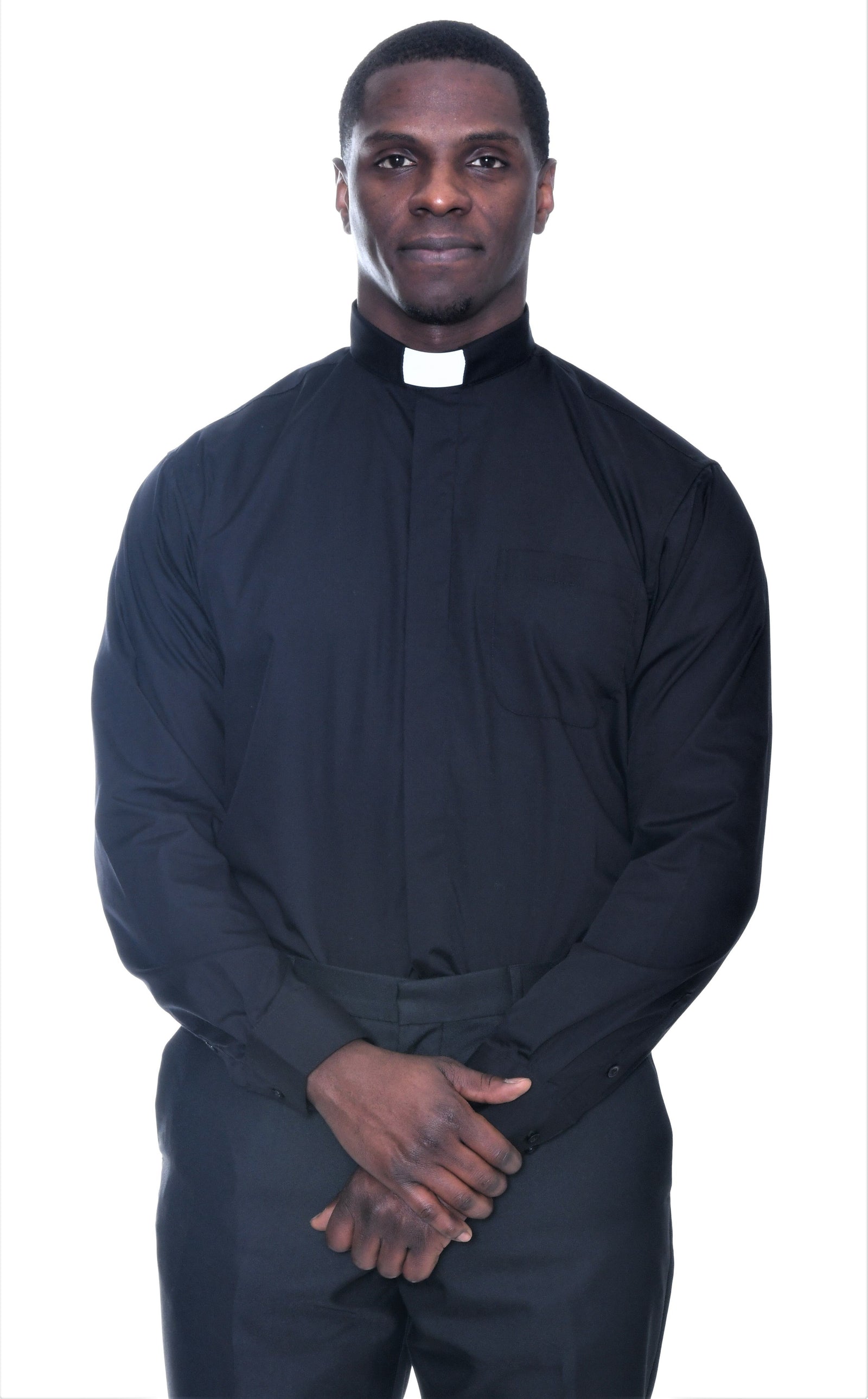 Men's Tab Collar Clergy Shirts - Black clergy shirt with tab collar modeled by a male clergy member.