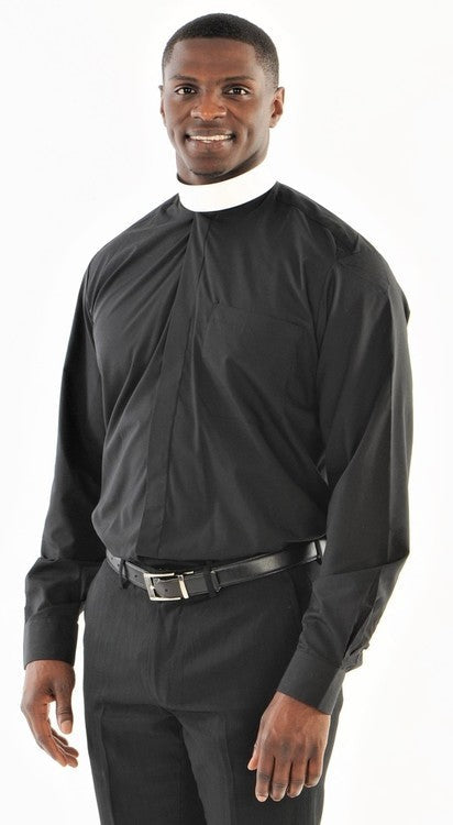 Men's Banded Collar Clergy Shirts displayed on a model, showcasing a stylish black shirt with a traditional collar.