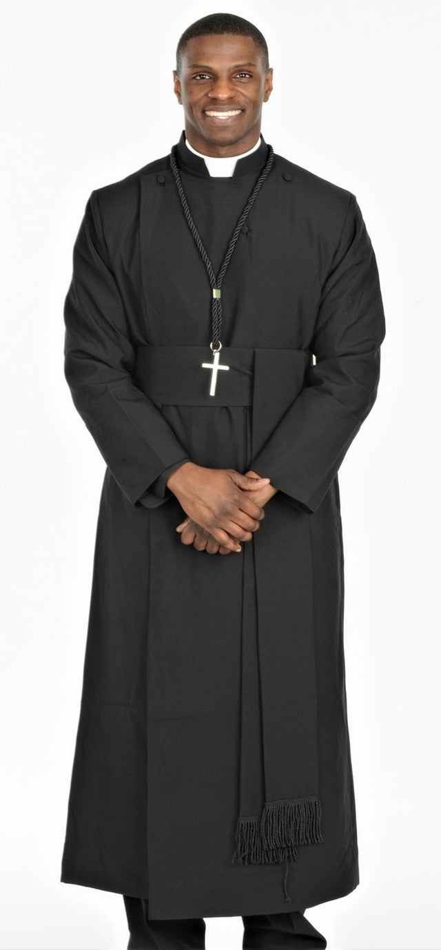 Men's Robes and Cincture Belts - clergy robe in black, featuring a cross necklace, worn by a male model.