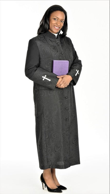 Clergy Robes for Women, elegant black robe with cross details, perfect for women in ministry and church services.