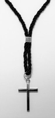 Clergy Cross and Cord Set featuring a silver cross and black twisted cord for clergy vestments.