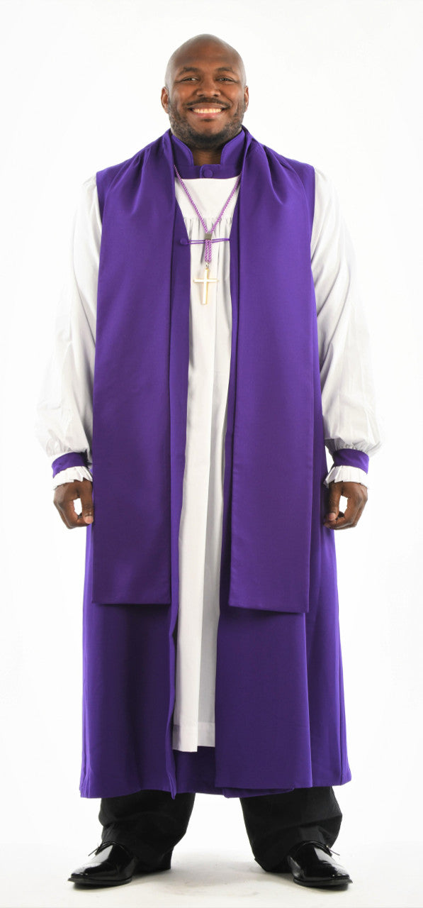 Men's Bishop Vestments & Attire featuring a clergyman in a purple bishop robe and stole.
