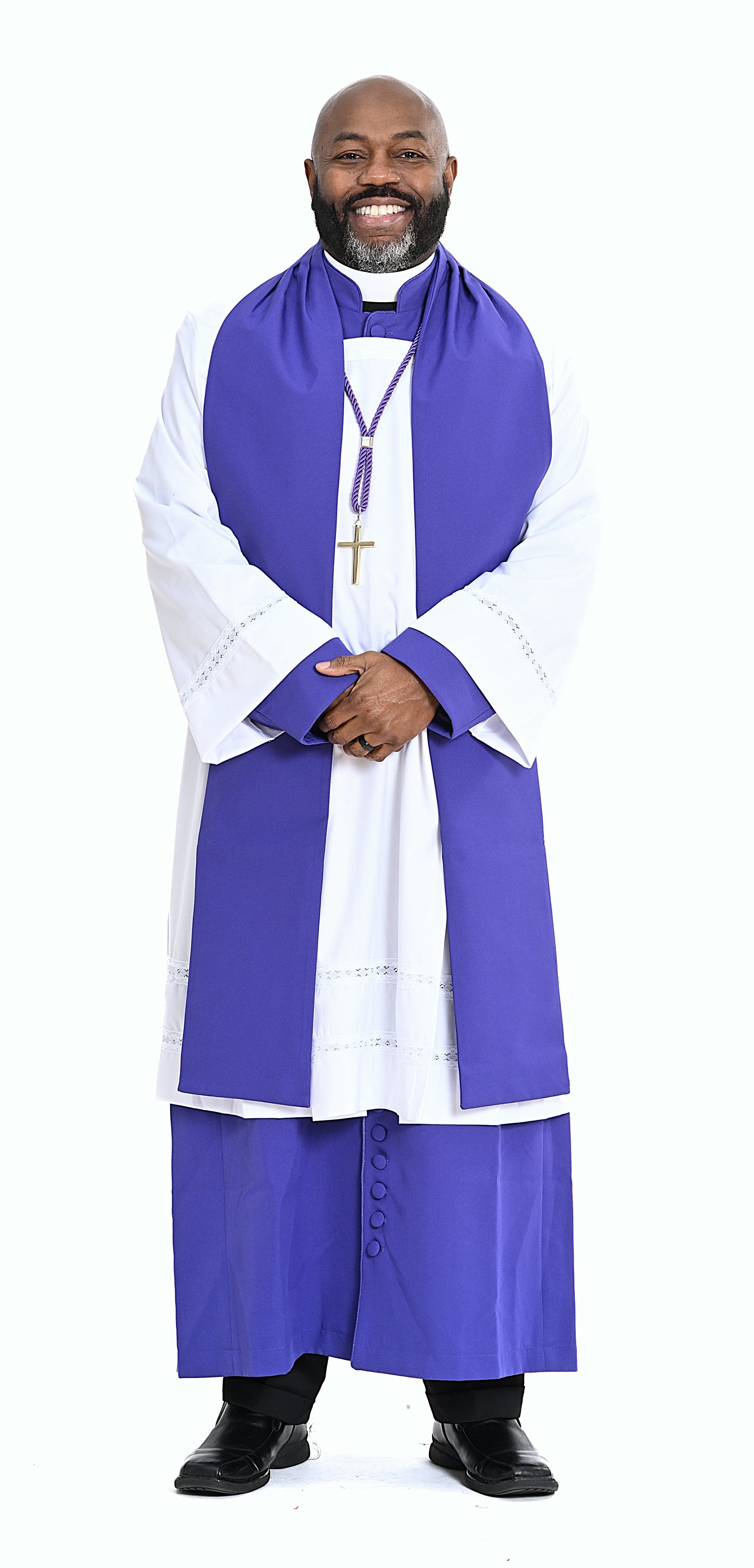 Smiling man wearing Men's Non-Denominational Religious Vestments in purple and white.