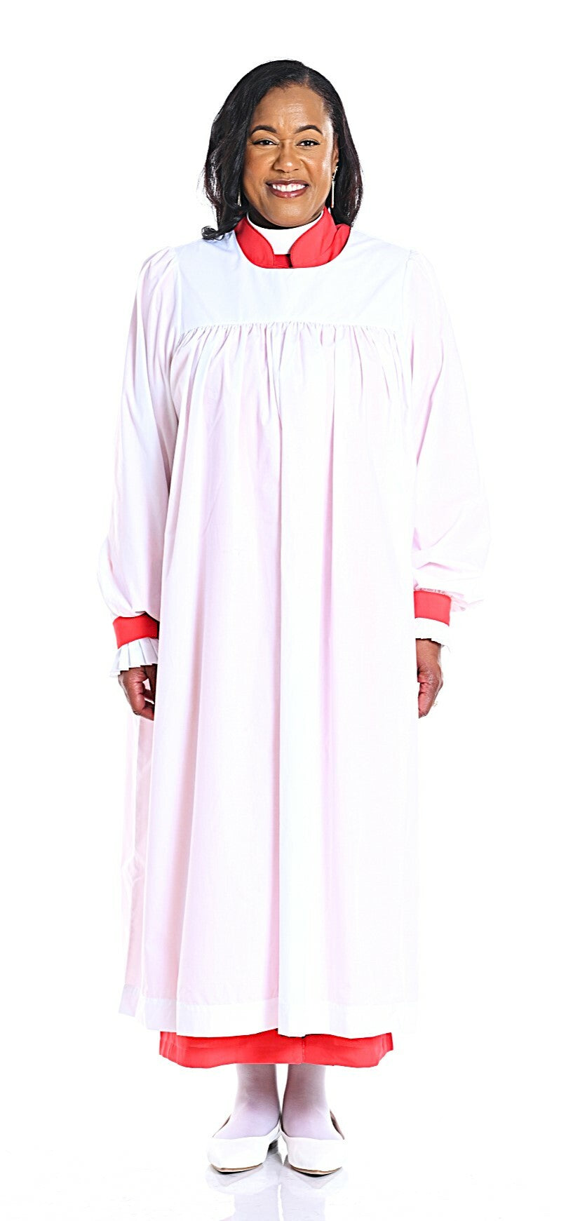 Elegant Women's Rochets designed for female apostles, featuring role-specific sleeve cuffs in white and red.
