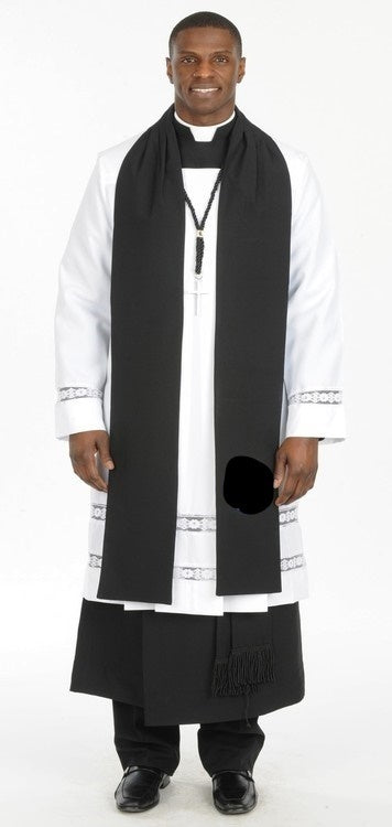 Man wearing Men's Clergy Apparel featuring a black robe and scarf, perfect for church leaders and ministers.