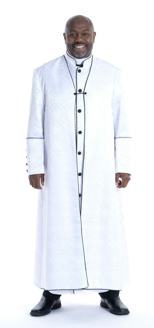 Men's Robes and Chimere Sets featuring a smiling man in a white robe with black accents, ideal for clergy and formal occasions.