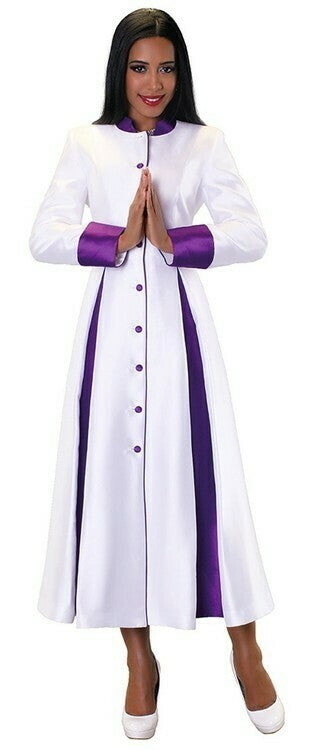 Elegant Women's Clergy Apparel featuring a long white dress with purple accents, perfect for ministry occasions.