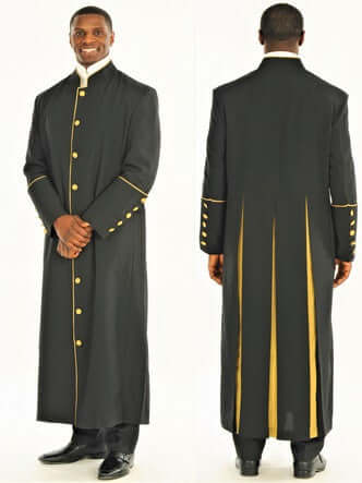 Men's Adam Clergy Robe in Black & Gold, featuring stylish piping and buttons, designed for contemporary clergy.