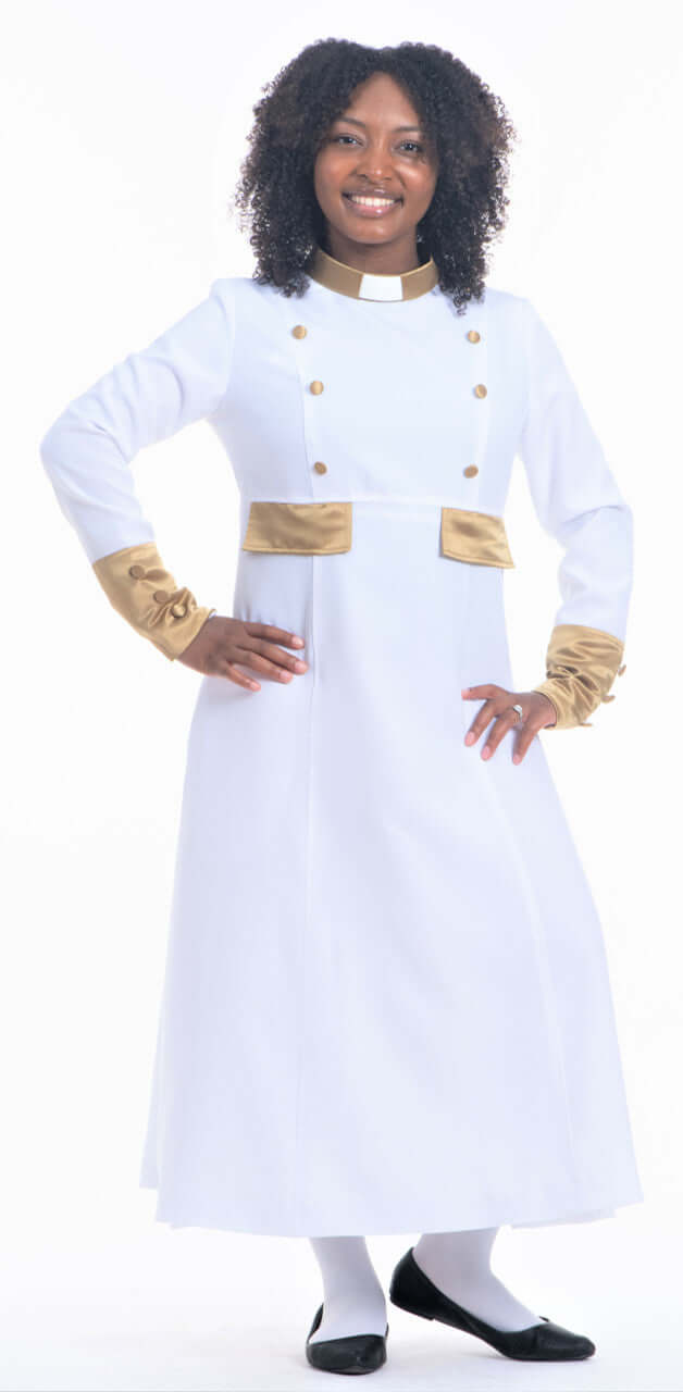 Modern Evangelist Clergy Dress In White & Gold Final Sale Modern Evangelist Clergy Dress In White & Gold Final Sale