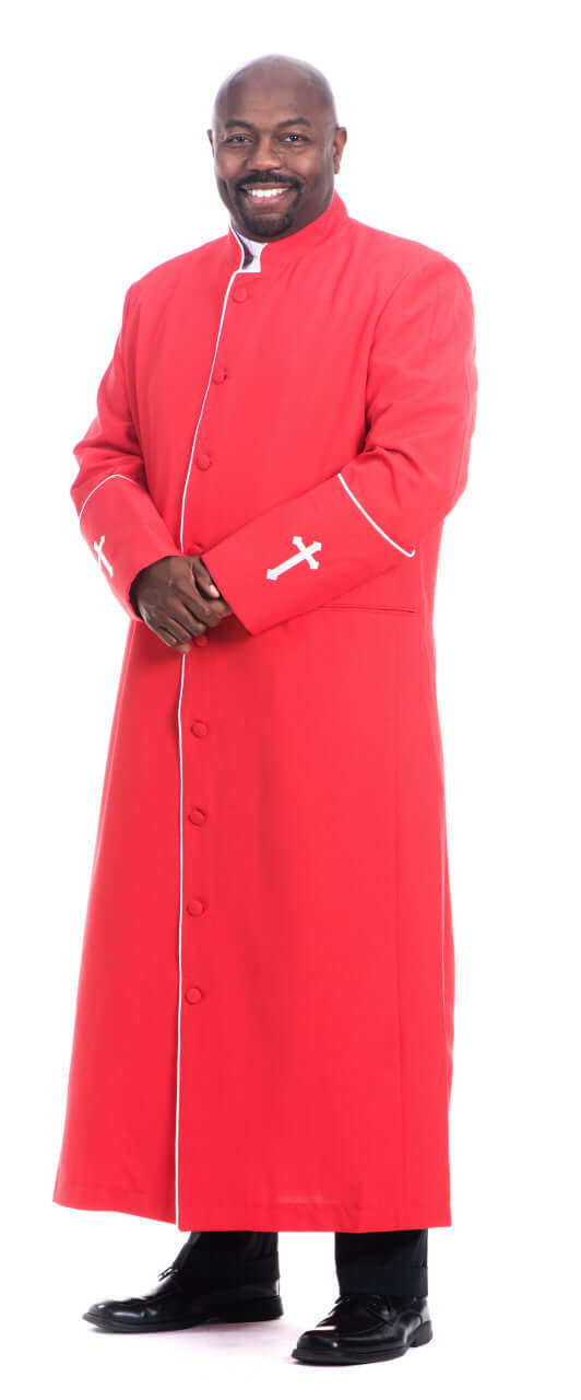 CLOSEOUT: Men's Preacher Clergy Robe in Red & White showcased on a smiling model, featuring elegant embroidered cross.