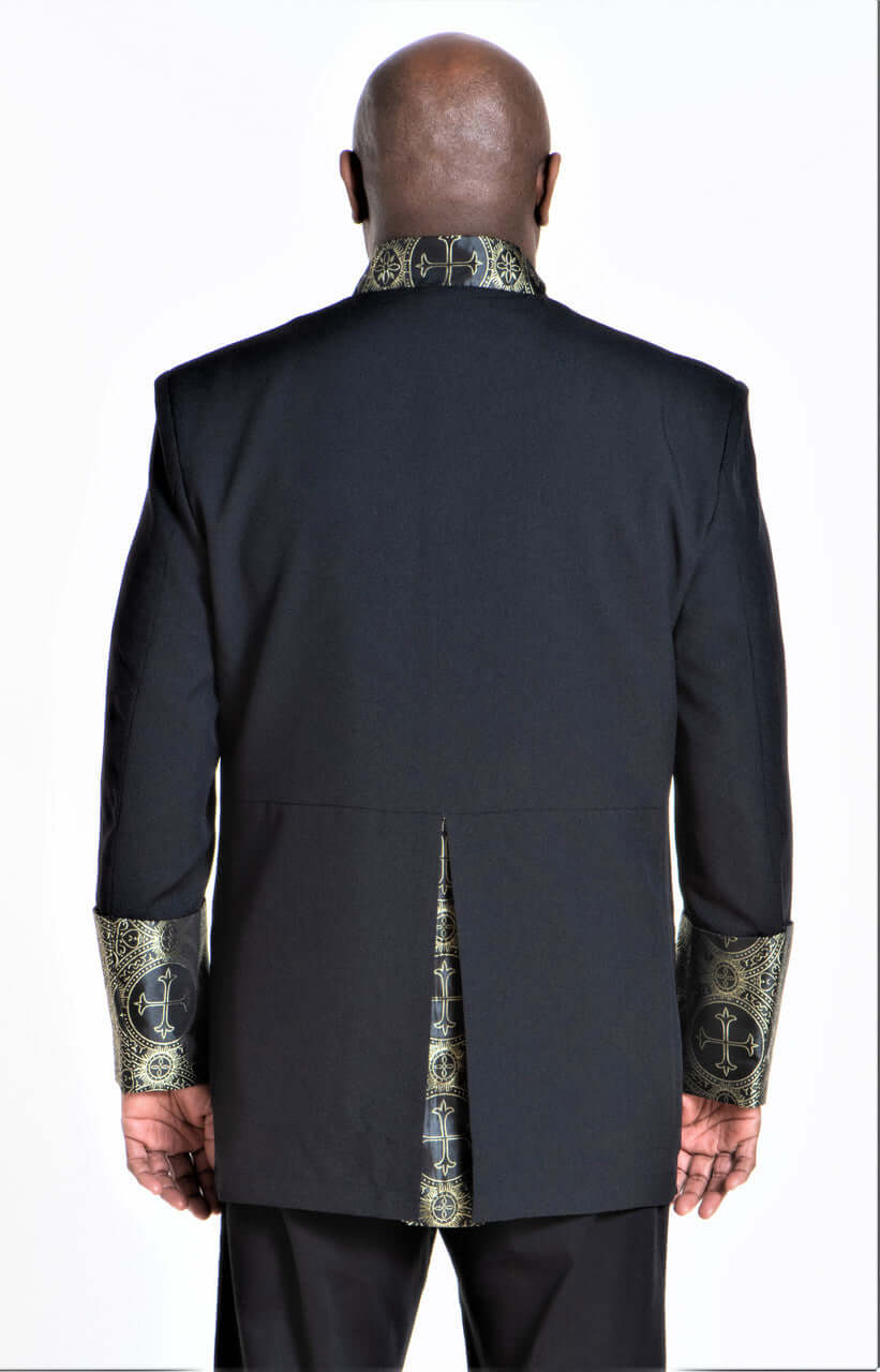 Back view of Joseph Clergy Jacket in Black & Gold showcasing elegant design and traditional brocade details.