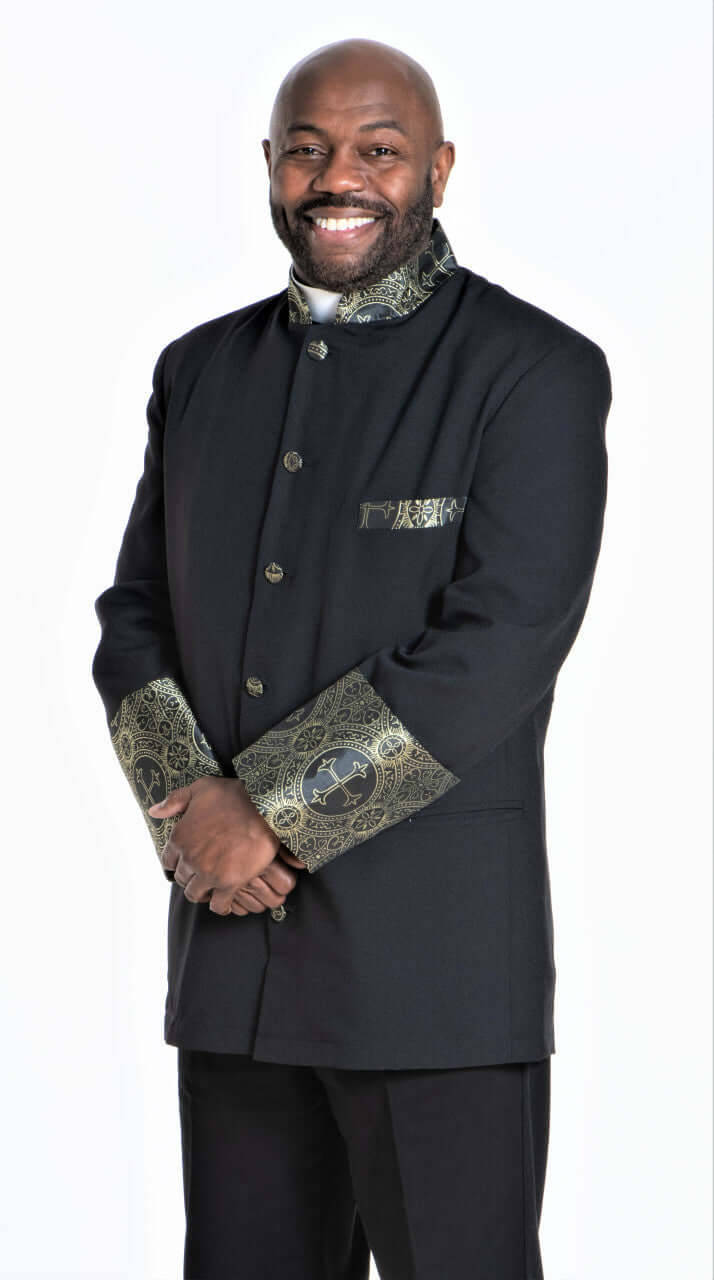 Joseph Clergy Jacket in Black & Gold worn by a model, featuring majestic damaschene material and traditional brocade details.