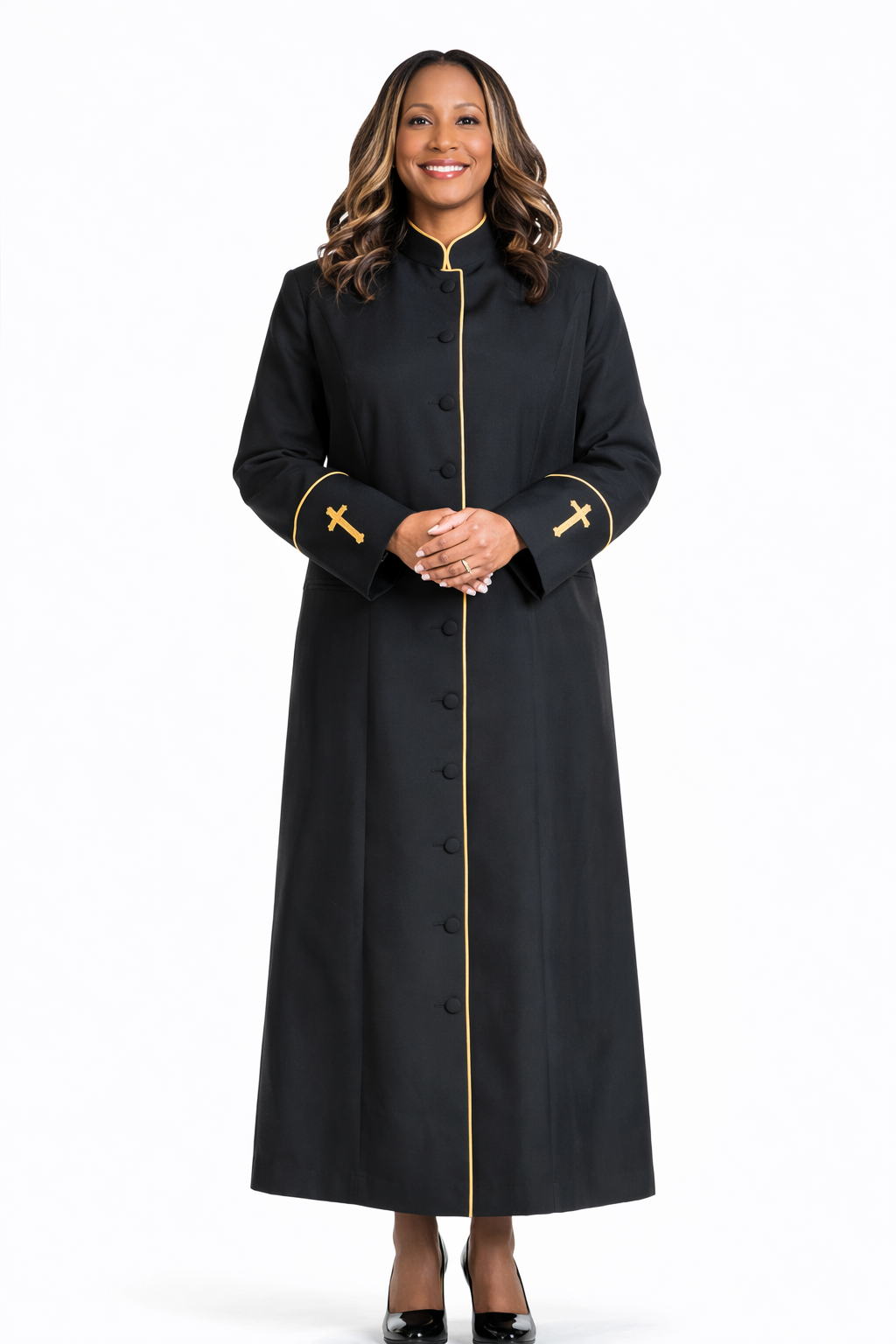 Ladies Preacher Clergy Robe In Black & Gold
