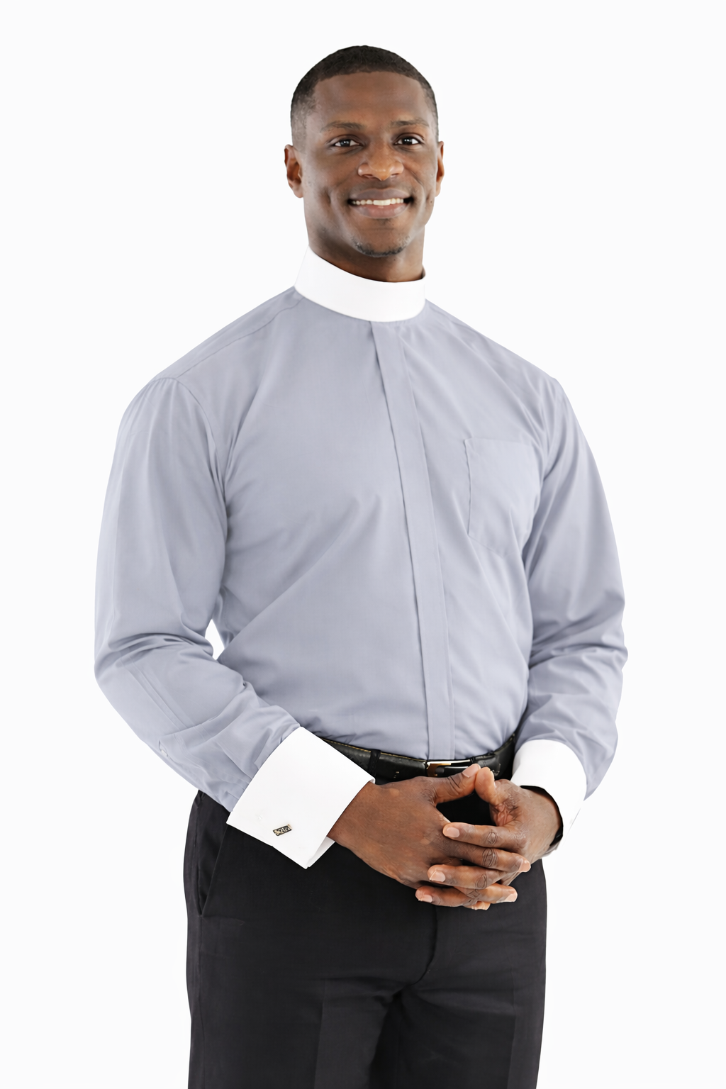 Two-Tone French Cuff Banded Collar Clergy Shirt In Silver & White