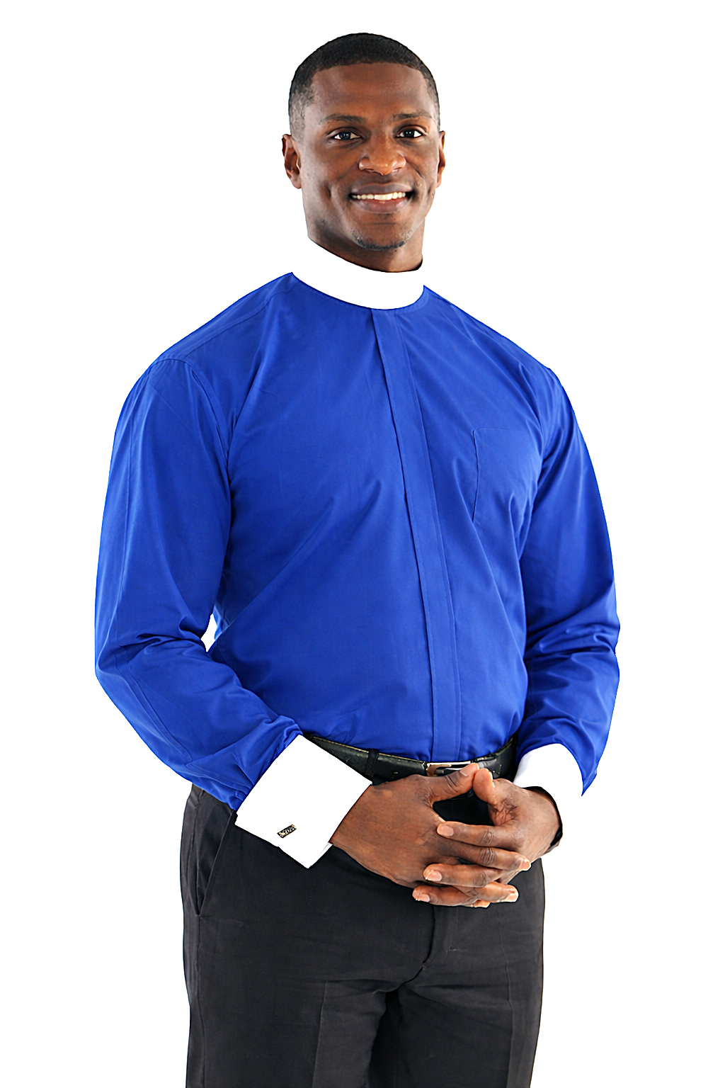 Two-Tone Banded Collar Clergy Shirt In Royal & White Two-Tone Banded Collar Clergy Shirt In Royal & White