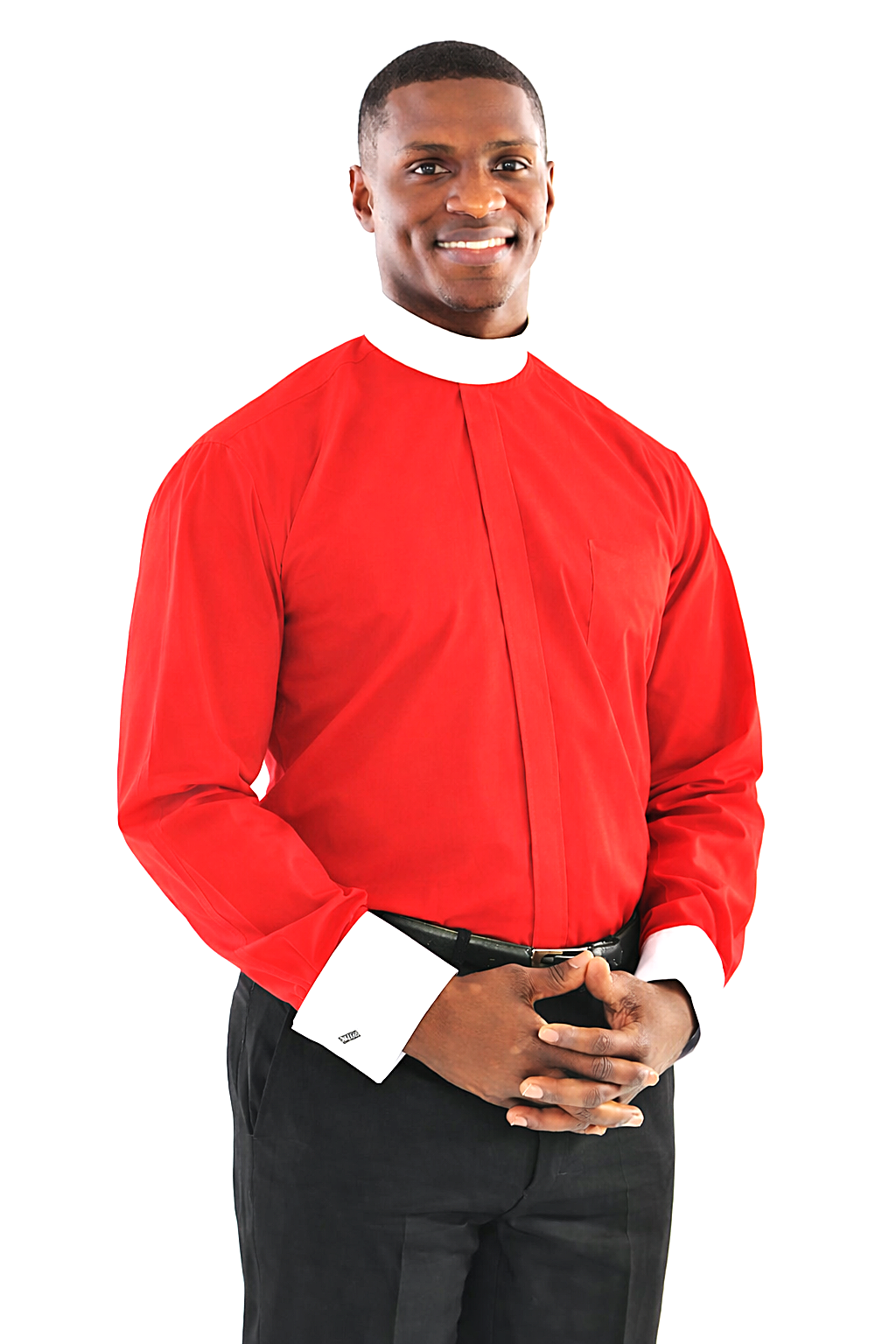 Two-Tone Banded Collar Clergy Shirt In Red & White