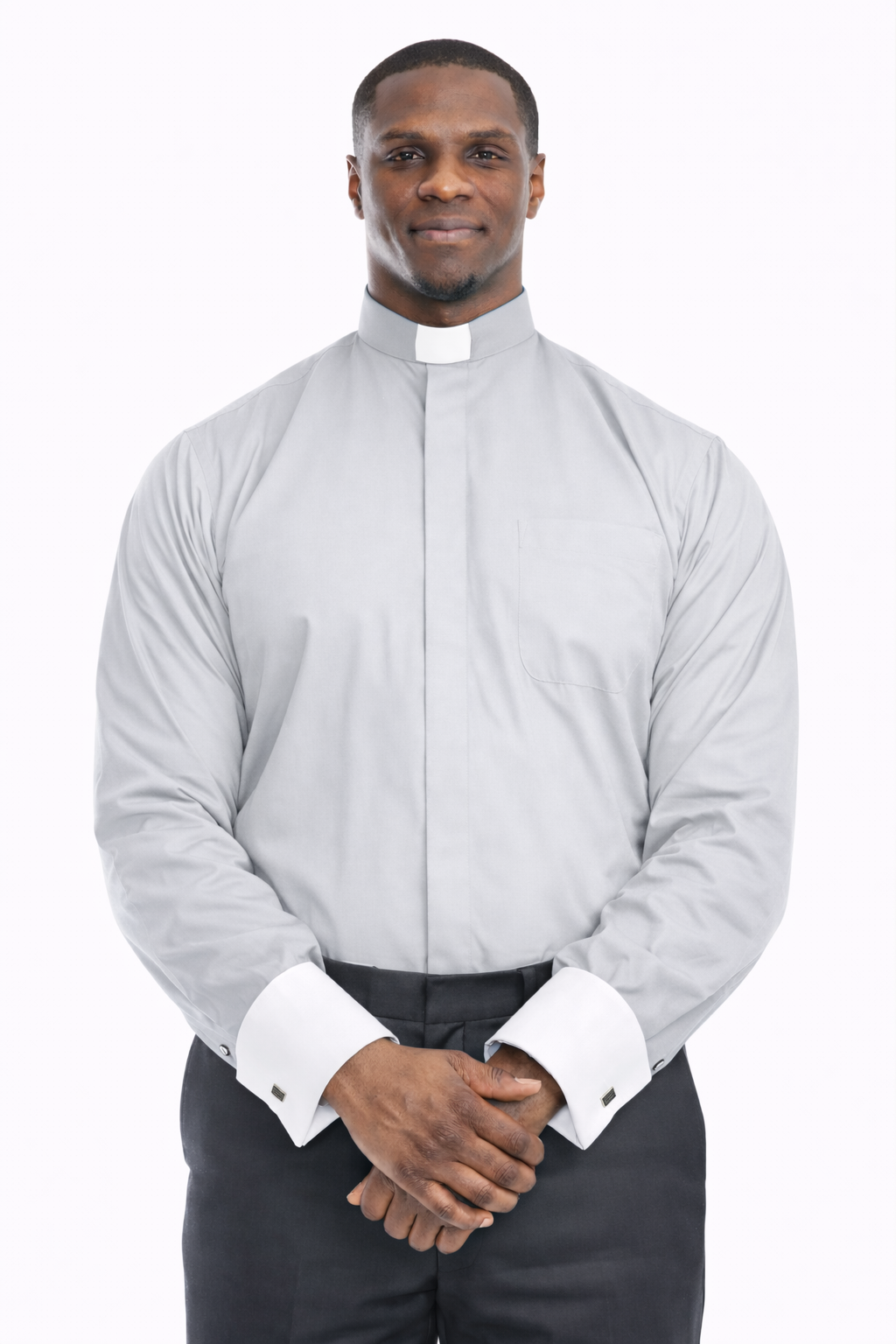 Tab Collar Two-Tone French Cuff Clergy Shirt In Gray & White