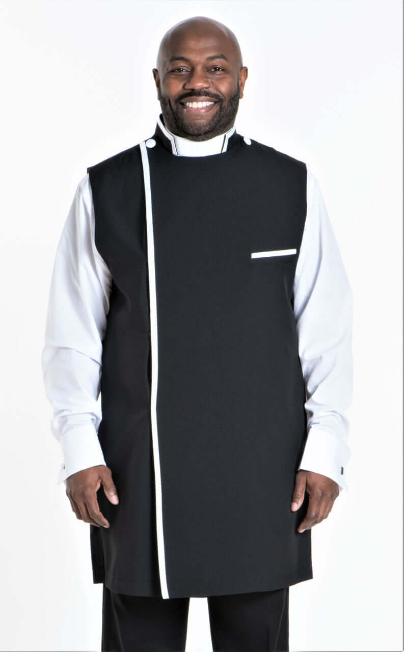 Modern Clergy Apron In Black & White worn by a smiling individual, showcasing stylish design and quality material.