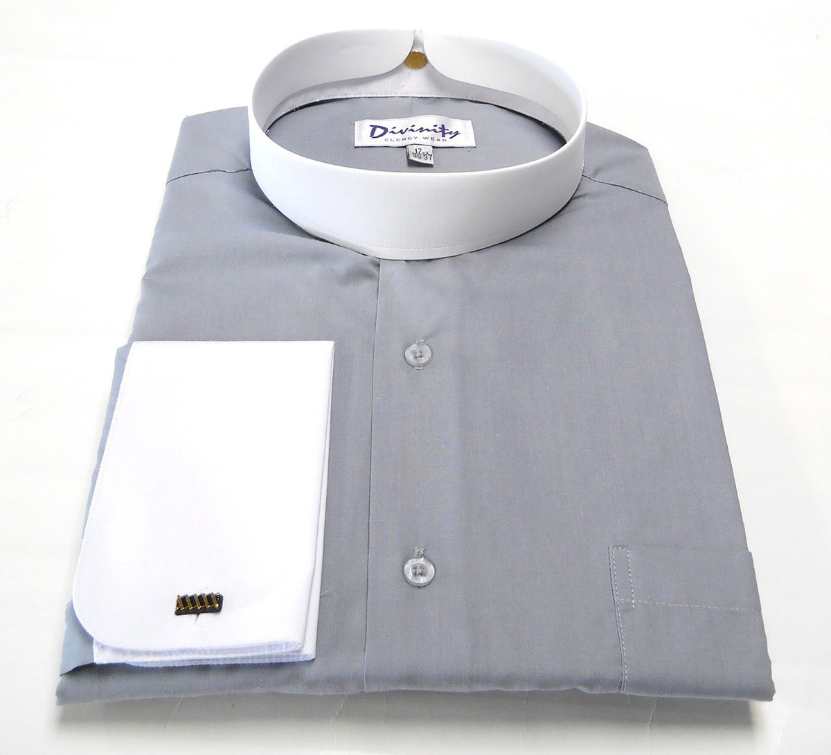 Two Tone Banded Collar Clergy Shirt In Silver White