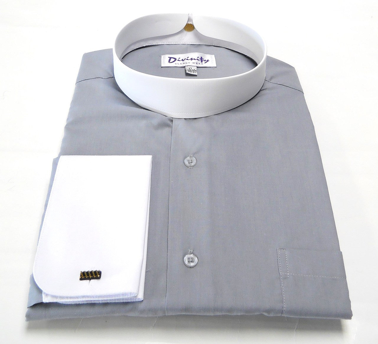 Two Tone Banded Collar Clergy Shirt In Silver White