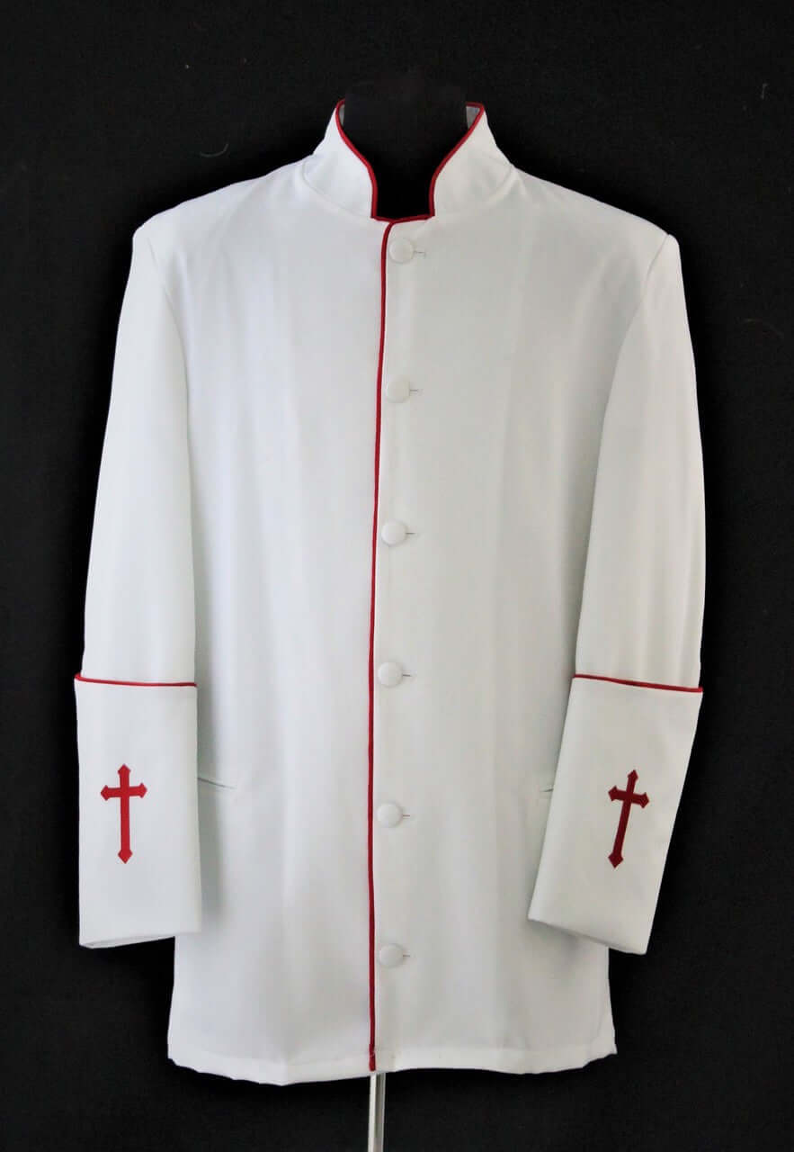 Preach Jacket Men's White & Red Preacher Clergy Jacket: Piping & Embroidered Cross ...