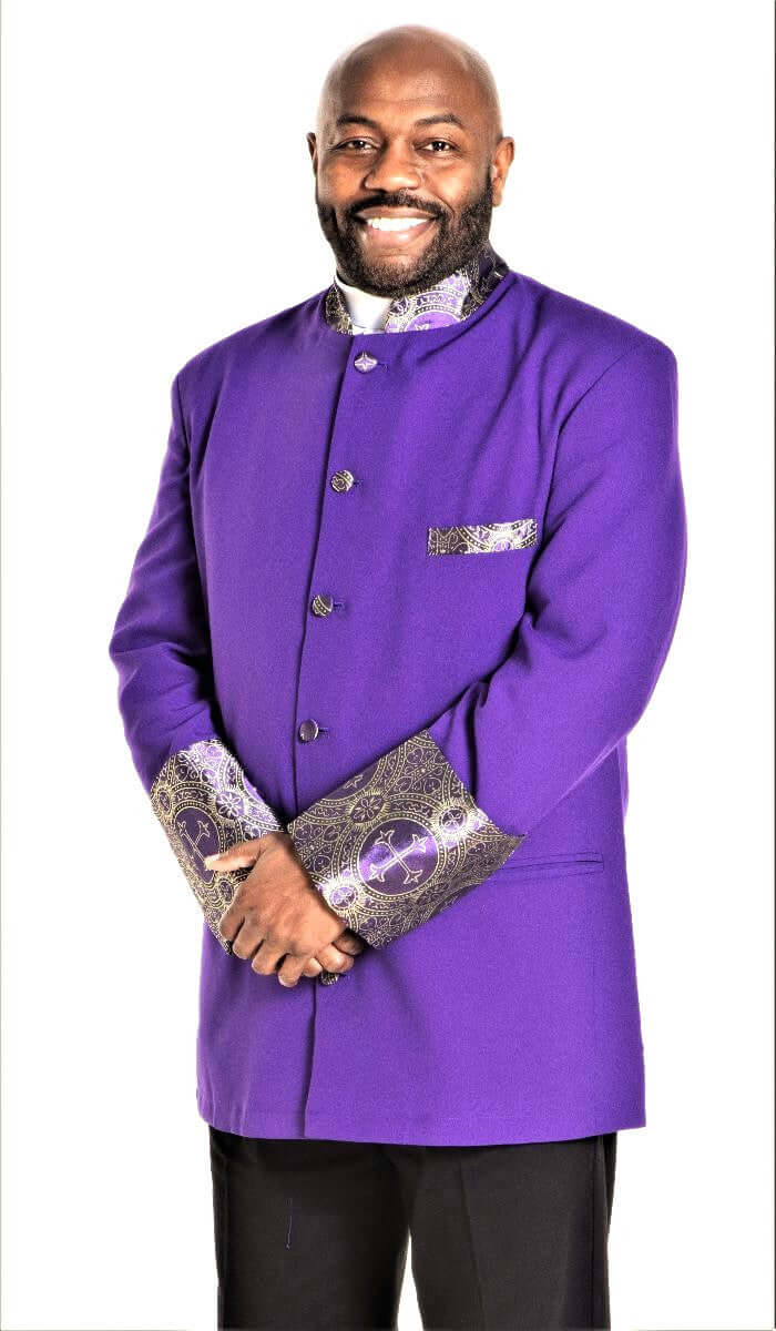 Joseph Clergy Jacket in Purple & Gold worn by a man, featuring traditional brocade details and a full cut fit.