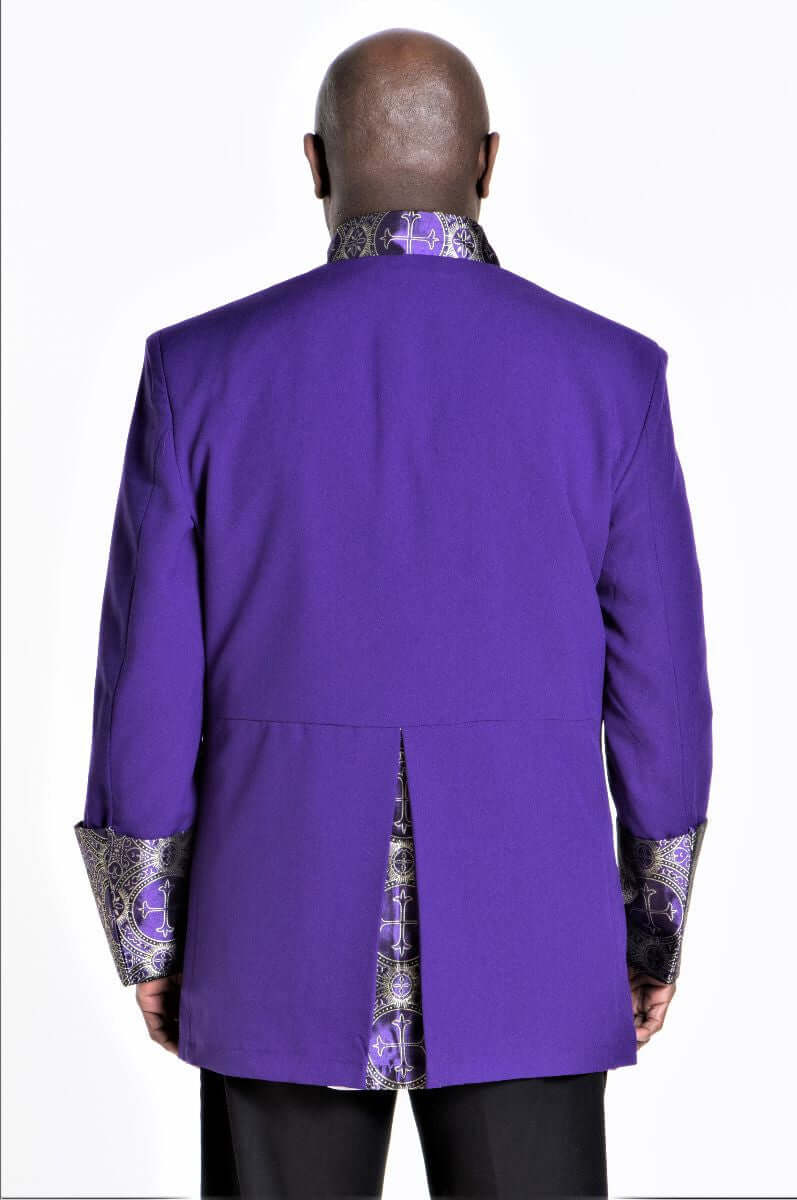 Joseph Clergy Jacket in Purple & Gold showing the back view with traditional brocade details.