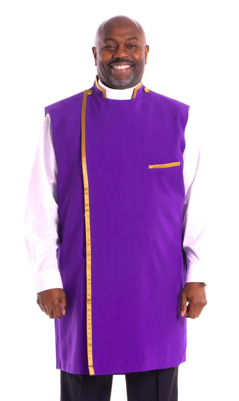 Modern Clergy Apron In Purple & Gold displayed on a smiling man, featuring gold accents and high-quality material.